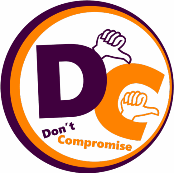 A circular logo with a purple outer ring and an orange inner ring containing large purple initials "DC" and the orange text "Don't Compromise" below. The curve of the "D" and the "C" each incorporate an orange thumbs-down gesture.
